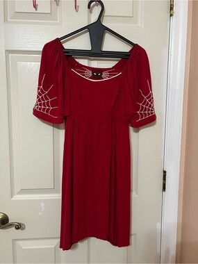 Womens One-Shoulder Red Dress with Spiderweb Detail
